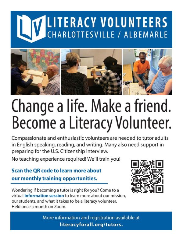Literacy Volunteers is seeking compassionate volunteers to tutor area adults in reading, writing, and speaking English. No teaching experience required. We'll train you!